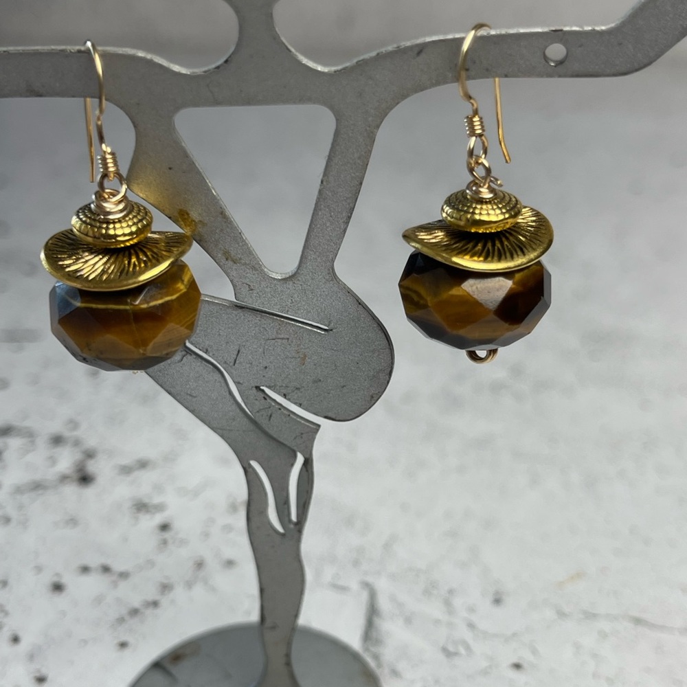 Chic Gold and Brown Tigereye Earrings Dangles. 14kt gold filled wires. - Picture 2 of 5